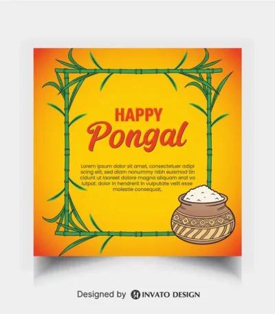 Free Pongal social media post template in vector format with vibrant colors, festive elements, and customizable layouts for professional visuals.