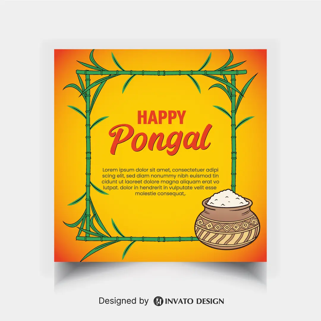 Free Pongal social media post template in vector format with vibrant colors, festive elements, and customizable layouts for professional visuals.