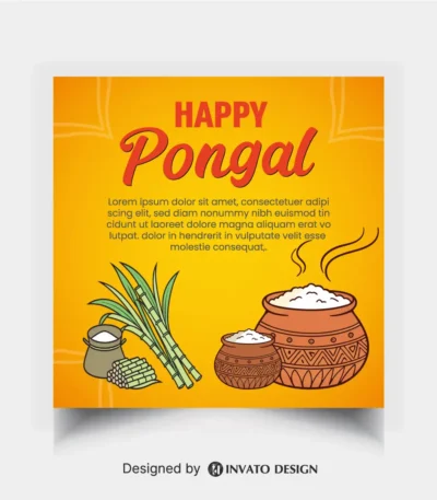 Free Pongal social media post template in vector format with vibrant colors, festive elements, and customizable layouts for professional visuals.