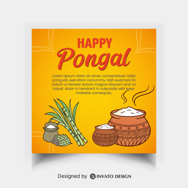 Free Pongal social media post template in vector format with vibrant colors, festive elements, and customizable layouts for professional visuals.