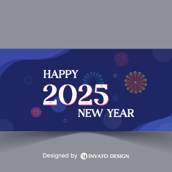 Free Happy New Year social media banner template with customizable festive design, perfect for promotions and holiday greetings.