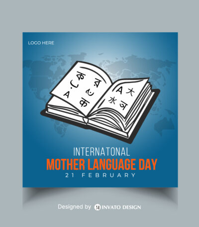 Editable Mother Language Day social media post template featuring vibrant colors, cultural elements, and customizable text, perfect for International Language Day.