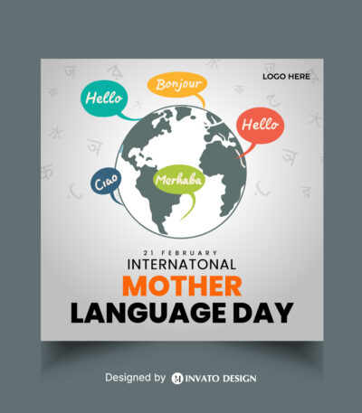 Editable Mother Language Day social media post template featuring vibrant colors, cultural elements, and customizable text, perfect for International Language Day.