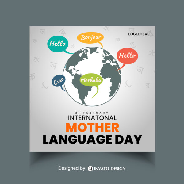 Editable Mother Language Day social media post template featuring vibrant colors, cultural elements, and customizable text, perfect for International Language Day.