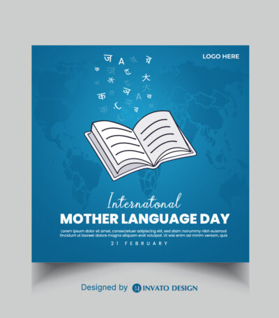 Editable Mother Language Day social media post template featuring vibrant colors, cultural elements, and customizable text, perfect for International Language Day.