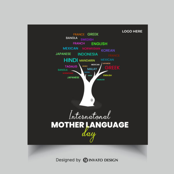 Editable Mother Language Day social media post template featuring vibrant colors, cultural elements, and customizable text, perfect for International Language Day.