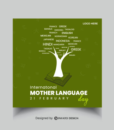 Editable Mother Language Day social media post template featuring vibrant colors, cultural elements, and customizable text, perfect for International Language Day.