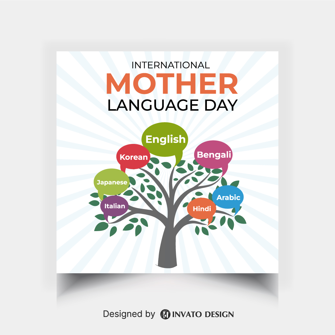 Editable Mother Language Day social media post template featuring vibrant colors, cultural elements, and customizable text, perfect for International Language Day.