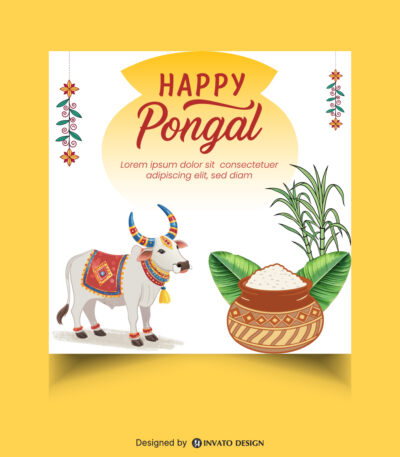 Free Pongal social media post template in vector format with vibrant colors, festive elements, and customizable layouts for professional visuals.