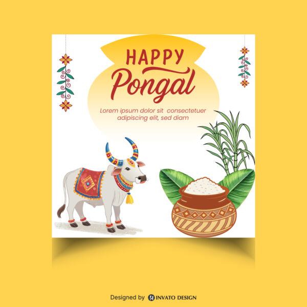 Free Pongal social media post template in vector format with vibrant colors, festive elements, and customizable layouts for professional visuals.