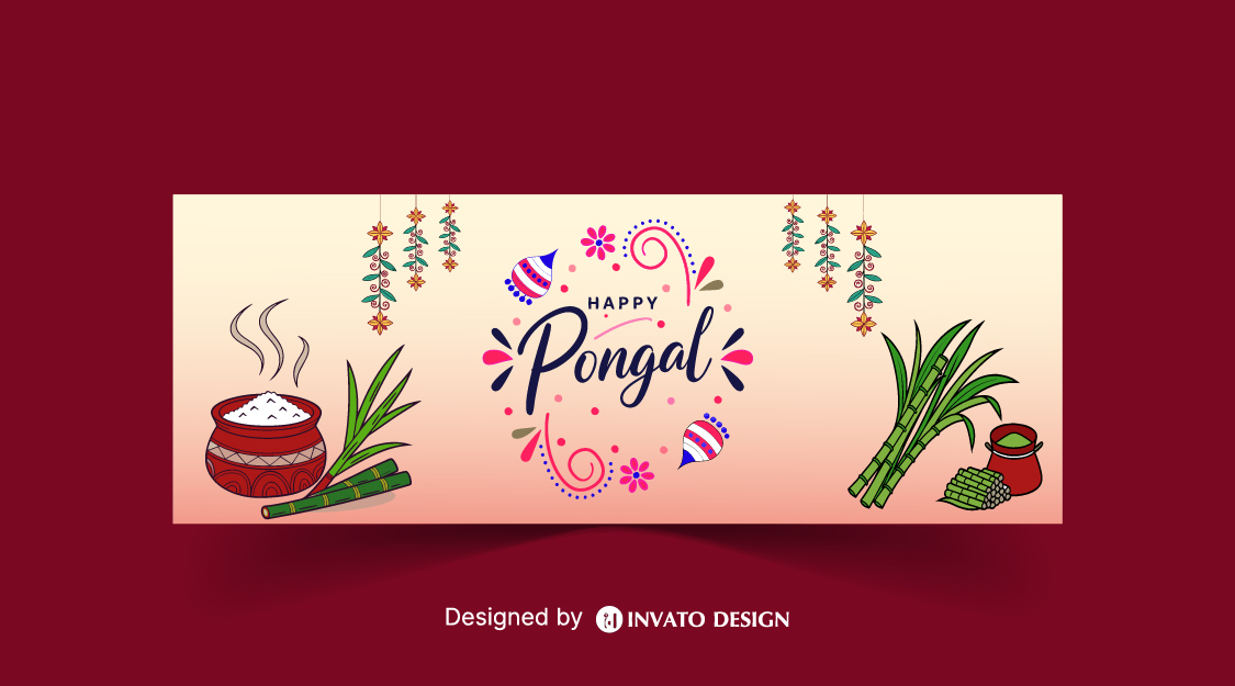 Free Pongal social media post template in vector format with vibrant colors, festive elements, and customizable layouts for professional visuals.