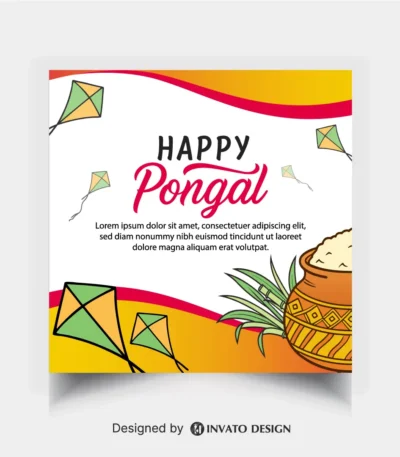 Free Pongal social media post template in vector format with vibrant colors, festive elements, and customizable layouts for professional visuals.