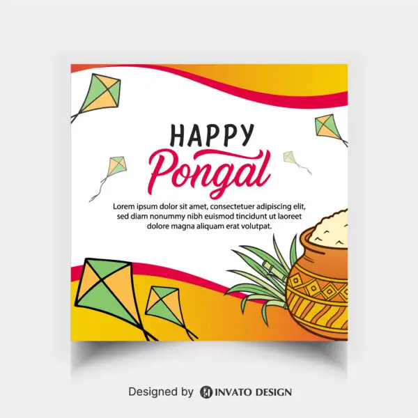 Free Pongal social media post template in vector format with vibrant colors, festive elements, and customizable layouts for professional visuals.