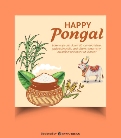 Free Pongal social media post template in vector format with vibrant colors, festive elements, and customizable layouts for professional visuals