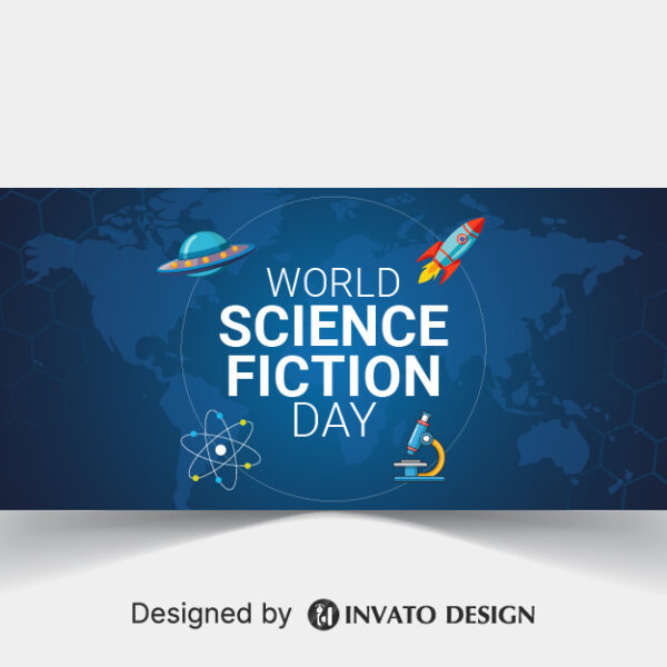 Free Science Fiction Day social media banner template in vector format with space-inspired graphics, customizable colors, and professional layouts for online platforms.