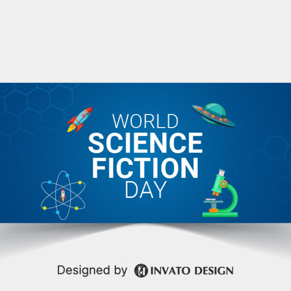 Free Science Fiction Day social media banner template in vector format with space-inspired graphics, customizable colors, and professional layouts for online platforms.