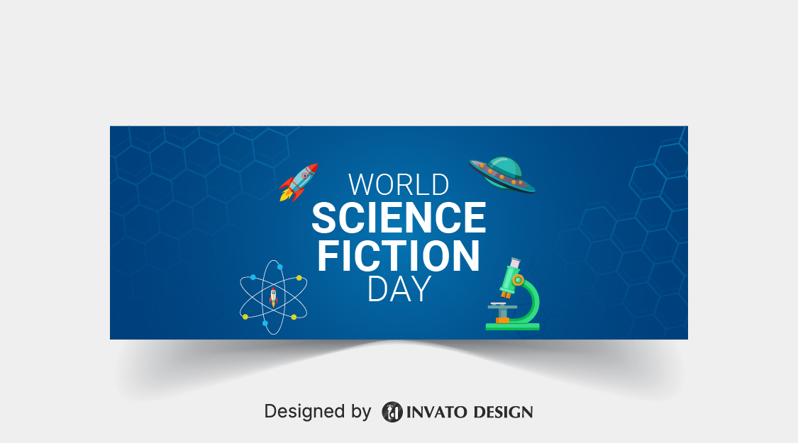 Free Science Fiction Day social media banner template in vector format with space-inspired graphics, customizable colors, and professional layouts for online platforms.