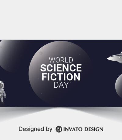 Free Science Fiction Day social media banner template in vector format with space-inspired graphics, customizable colors, and professional layouts for online platforms.