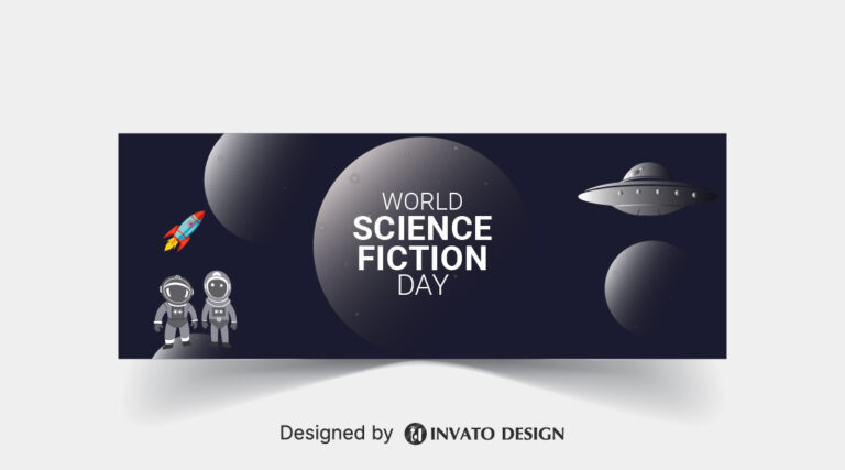 Free Science Fiction Day social media banner template in vector format with space-inspired graphics, customizable colors, and professional layouts for online platforms.