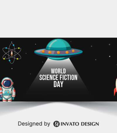 Free Science Fiction Day social media banner template in vector format with space-inspired graphics, customizable colors, and professional layouts for online platforms.