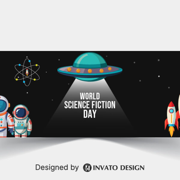 Free Science Fiction Day social media banner template in vector format with space-inspired graphics, customizable colors, and professional layouts for online platforms.