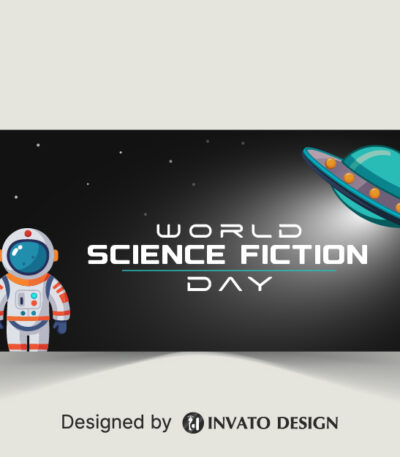 Free Science Fiction Day social media banner template in vector format with space-inspired graphics, customizable colors, and professional layouts for online platforms.