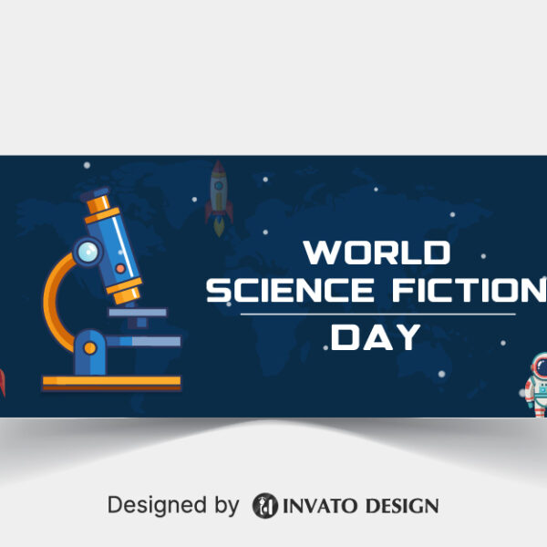 Free Science Fiction Day social media banner template in vector format with space-inspired graphics, customizable colors, and professional layouts for online platforms.