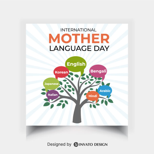 Editable Mother Language Day social media post template featuring vibrant colors, cultural elements, and customizable text, perfect for International Language Day.