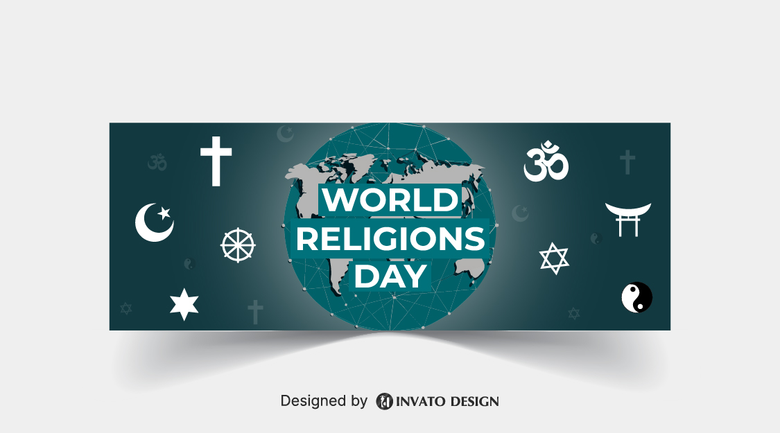 Free World Religion Day social media banner template in vector format featuring harmonious designs, customizable elements, and professional visuals for promoting unity.