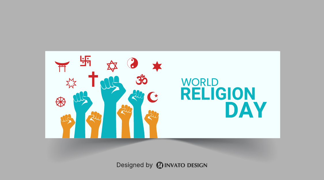 Free World Religion Day social media banner template in vector format featuring harmonious designs, customizable elements, and professional visuals for promoting unity.