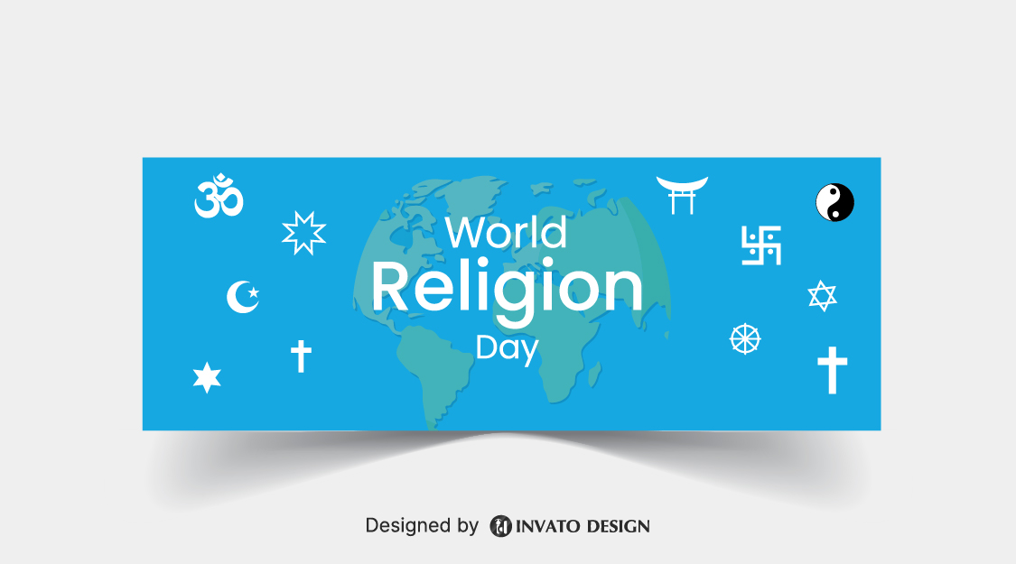 Free World Religion Day social media banner template in vector format featuring harmonious designs, customizable elements, and professional visuals for promoting unity.