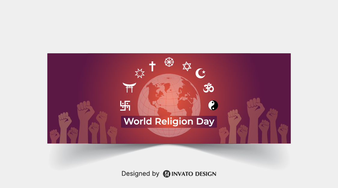 Free World Religion Day social media banner template in vector format featuring harmonious designs, customizable elements, and professional visuals for promoting unity.