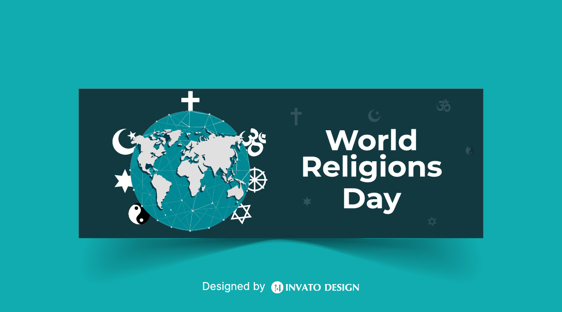 Free World Religion Day social media banner template in vector format featuring harmonious designs, customizable elements, and professional visuals for promoting unity.